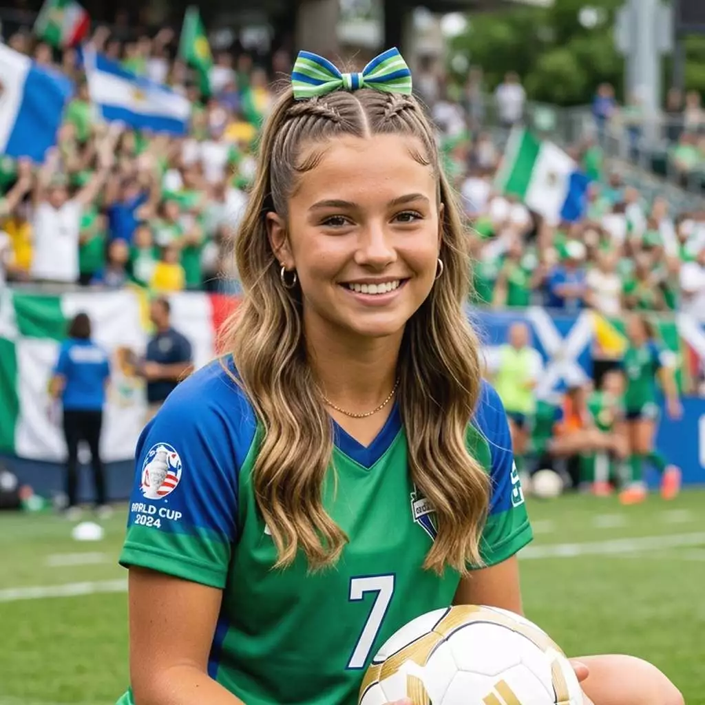 Half up braids with bow cute soccer hairstyle for team photos