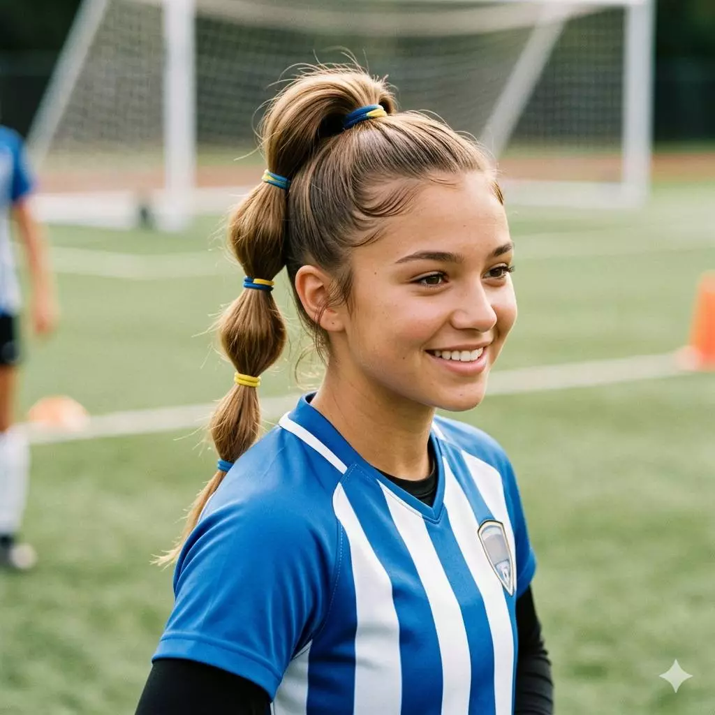 High bubble ponytail cute soccer hairstyle with team color elastics