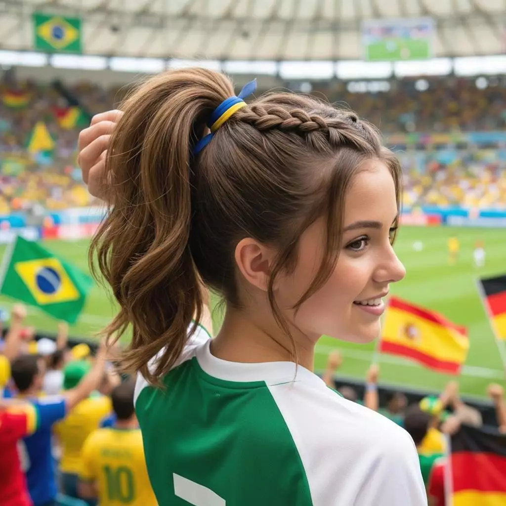 High ponytail with braid accent cute soccer hairstyle for girls