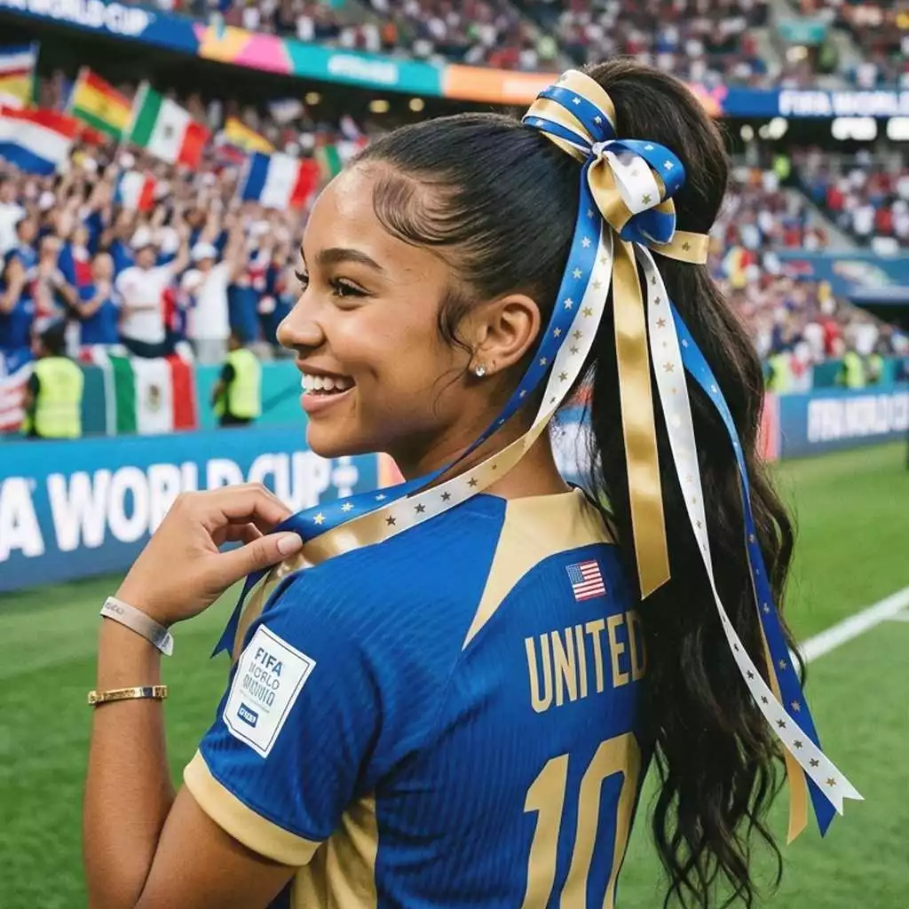 Ribbon ponytail cute soccer hairstyle with team colors