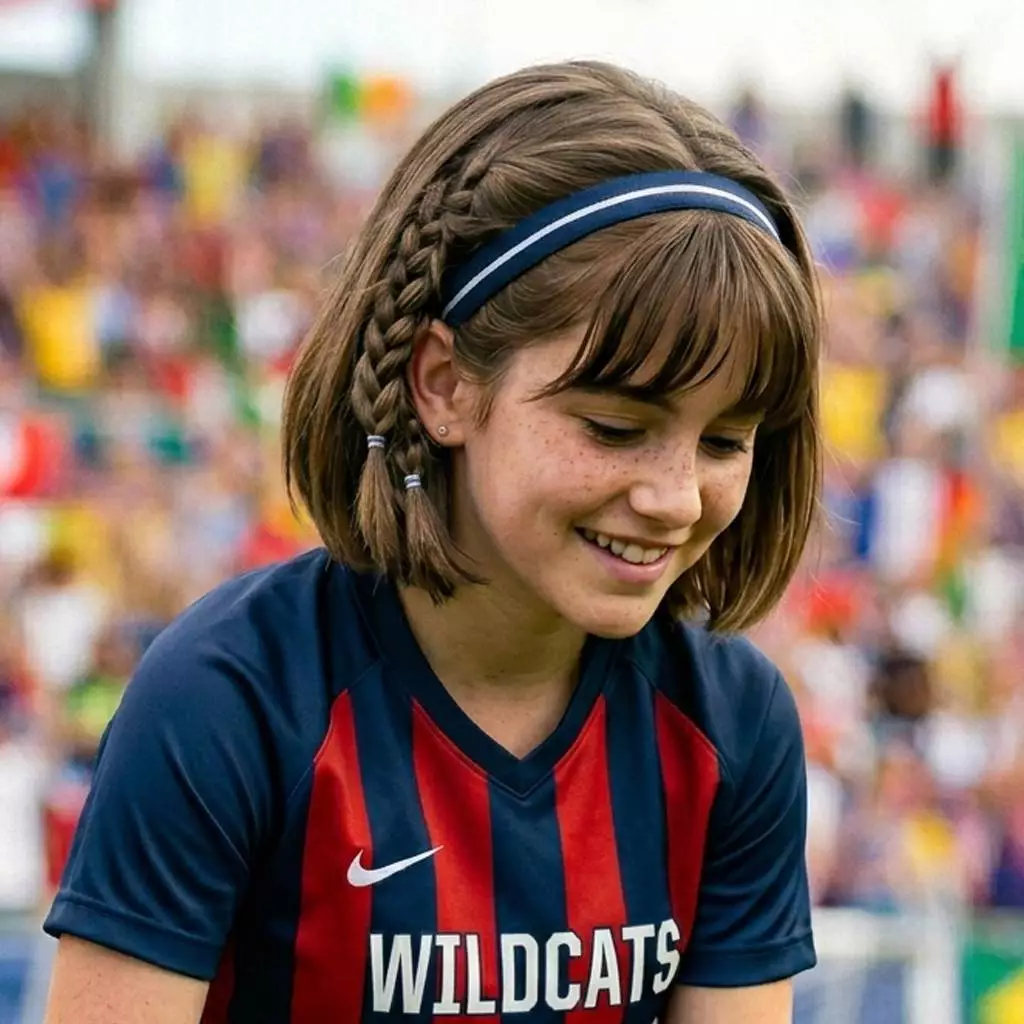 Short hair cute soccer hairstyle with mini side braids and headband