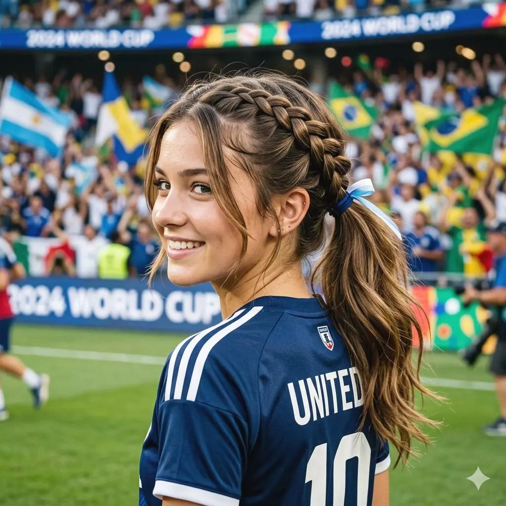 Side braid into ponytail cute soccer hairstyle for girls with layers
