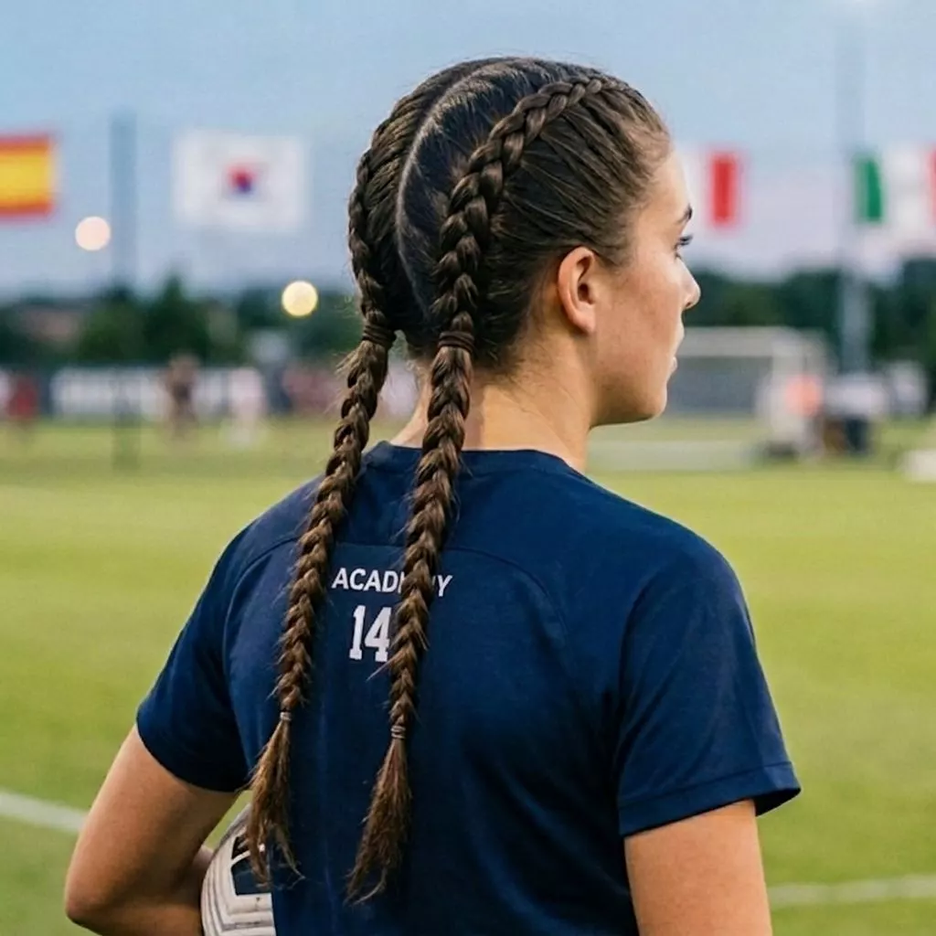 Double French braids simple soccer hairstyle for practice
