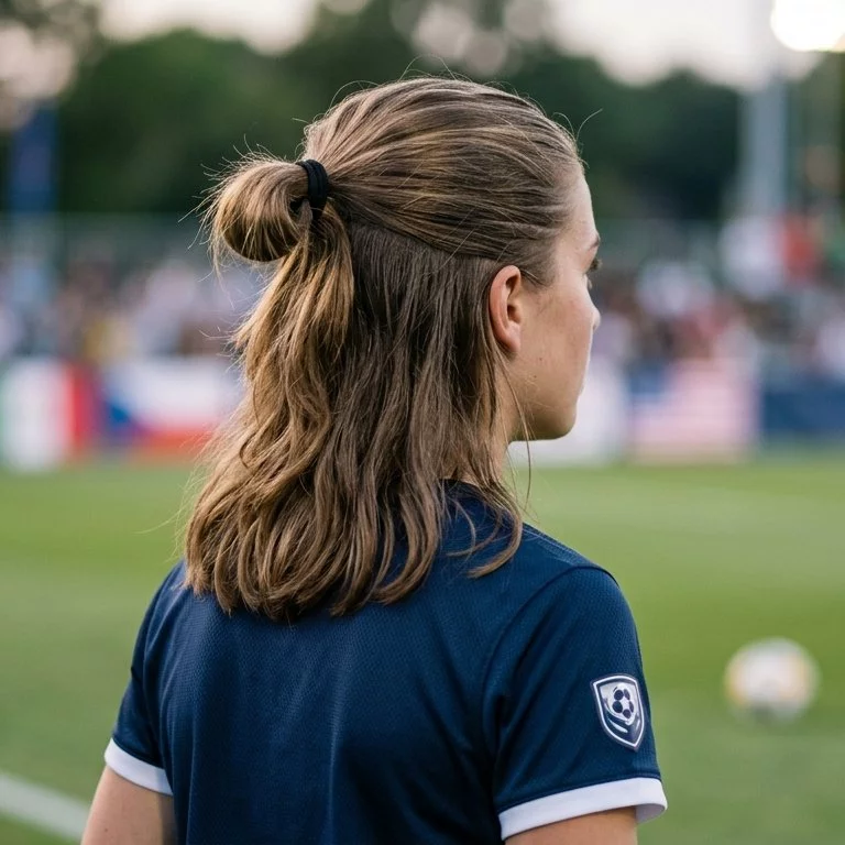Half up easy soccer hairstyle for short and medium hair