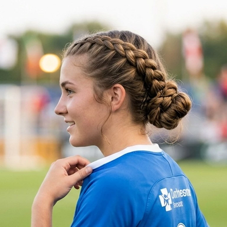 Low braided bun soccer hairstyle that stays secure