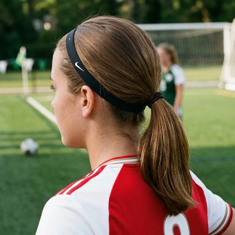 Low ponytail with headband soccer hairstyle that stays in place