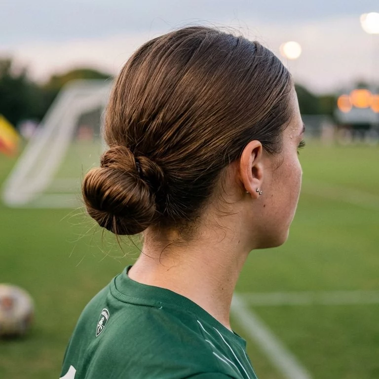 Quick low bun simple soccer hairstyle