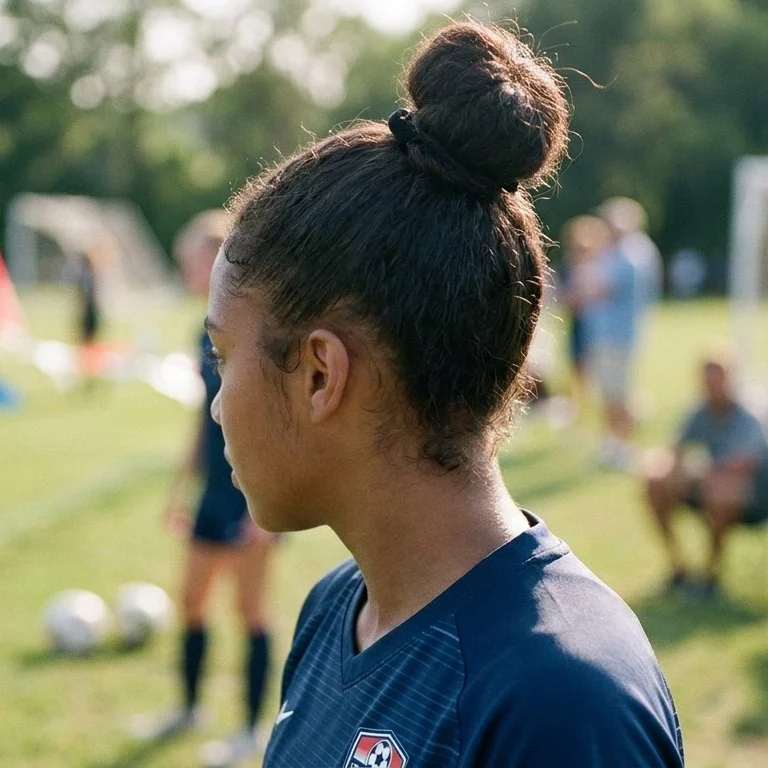 Top knot easy soccer hairstyle for hot weather and practice