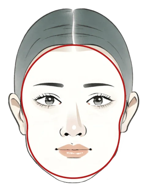 Narrow forehead with wide jawline, creating a pear-shaped silhouette.