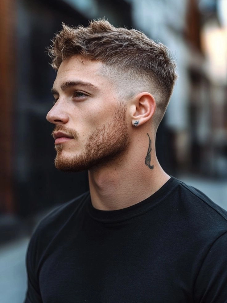 A classic fade haircut showing gradual taper from top to skin on the sides and back.