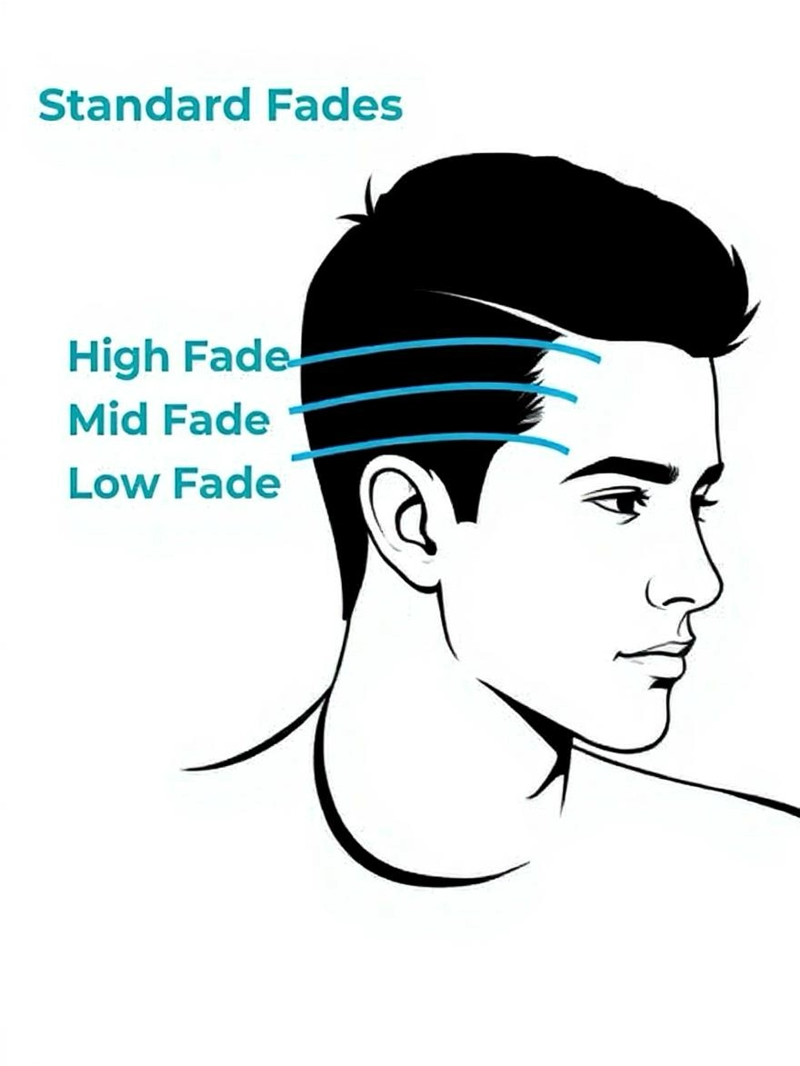 different face shapes wearing mid, low, and high fade haircuts.