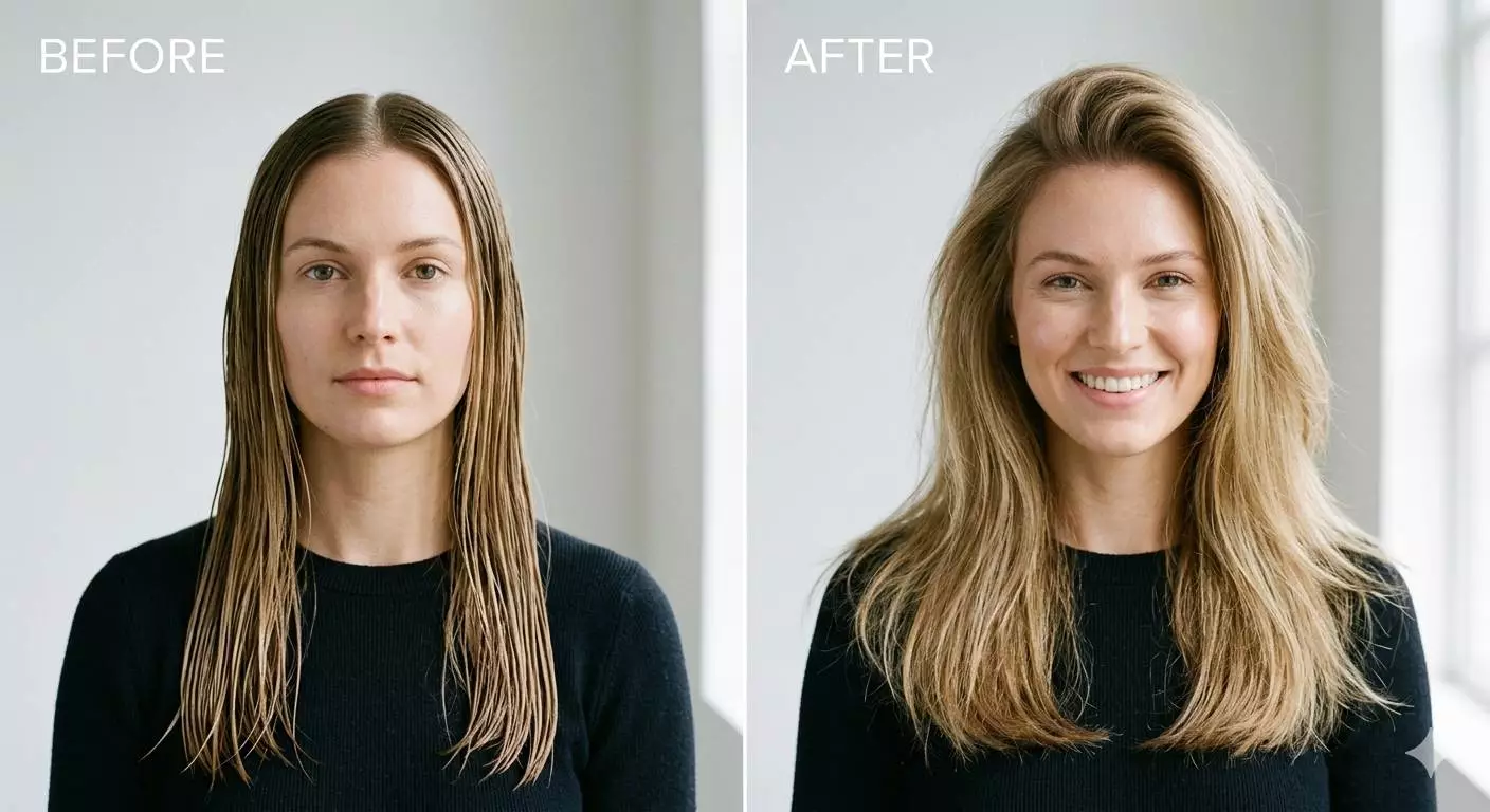 Straight hair before and after fluffy volume styling