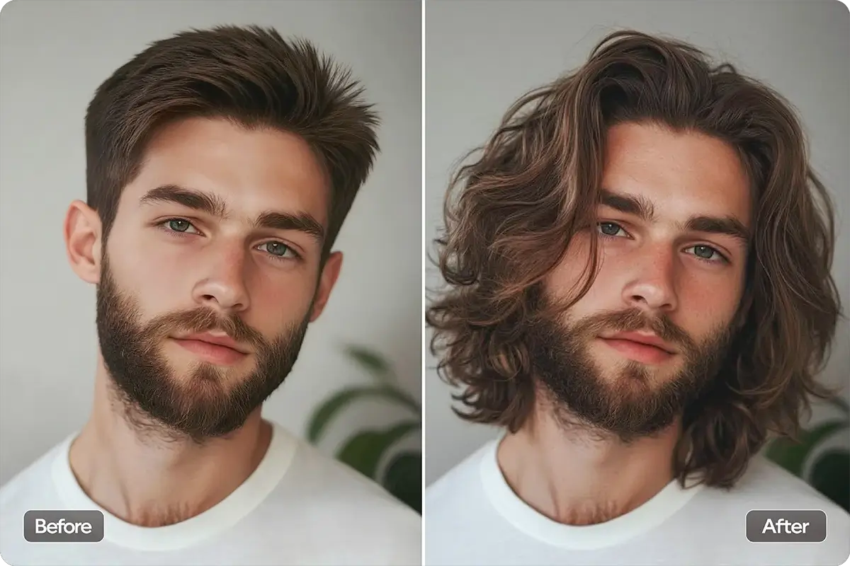 AI-generated image of a man with long, textured surfer hair layers, showcasing a casual and rugged style
