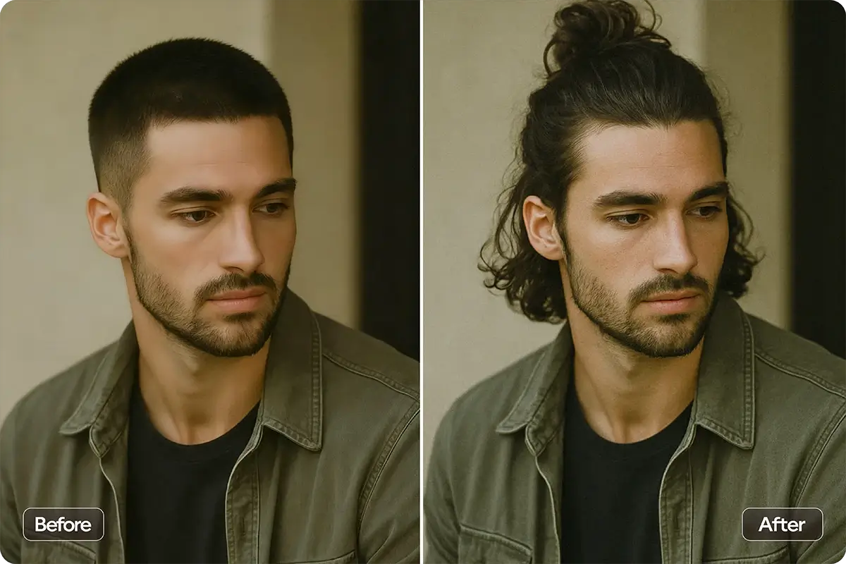 Man with a stylish low man bun hairstyle, an AI-generated preview for men considering long hair