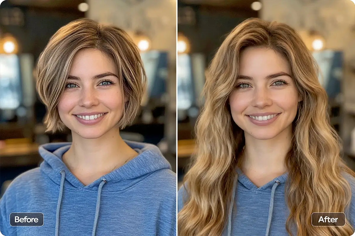 AI hairstyle simulation of effortless bohemian beach waves on long hair, creating a relaxed and textured look