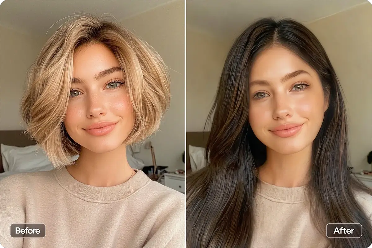 AI-generated preview of a woman with classic long layered hairstyle, showing added volume and movement