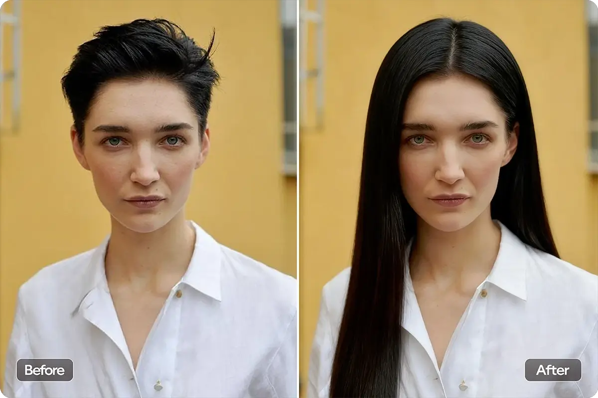 Preview of a sleek, straight long hairstyle with a glossy finish, generated by the AI hair try-on tool
