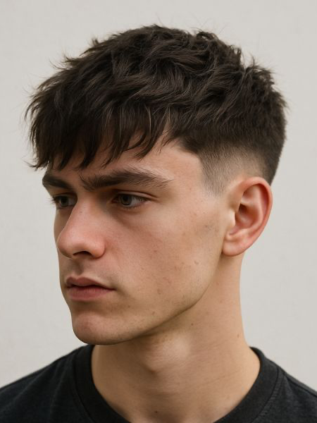 Teksturowana fringe low taper fade fryzura dla okrągłych twarzy nastolatków