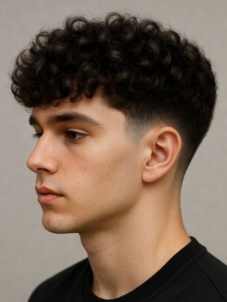 Low taper fade do kręconych włosów - zdefiniowane loki na wierzchu z zafarbowanymi bokami