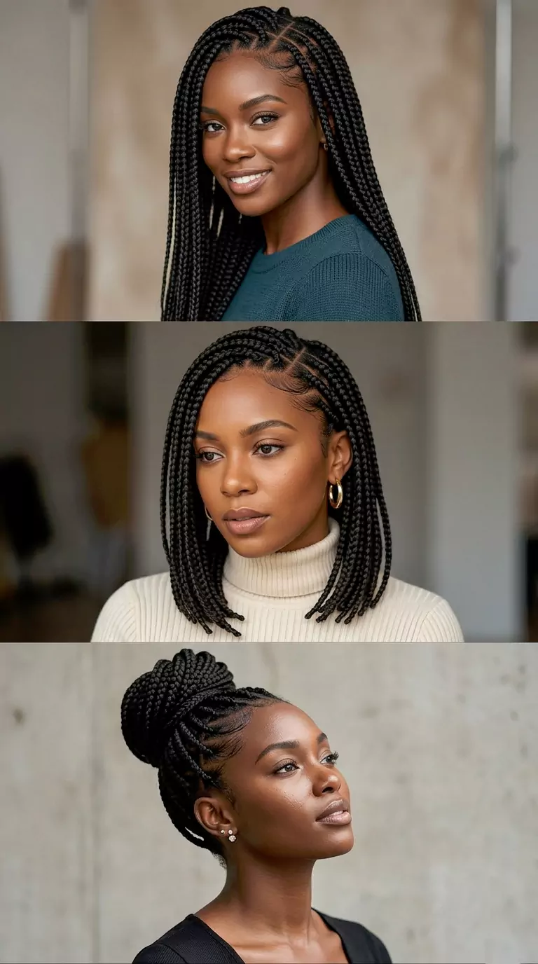 Box braids for Black women styled as long classic braids, shoulder-length braids, and a high braided bun