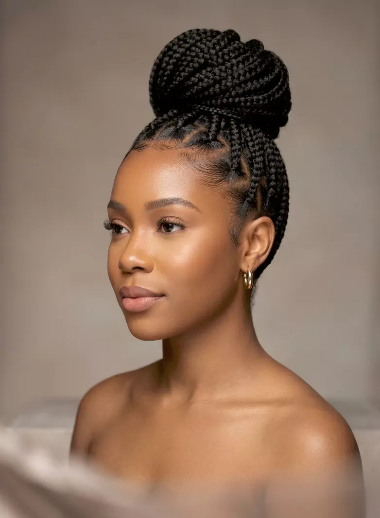 Braided buns and protective updos for Black women with a high braided bun, low cornrow bun, and elegant flat twist updo