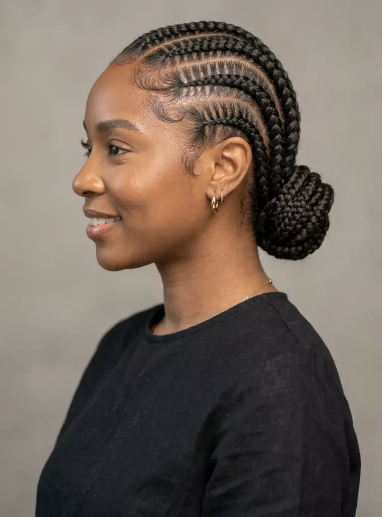 Cornrow protective hairstyles for Black women with straight-back braids, feed-in cornrows, and cornrows gathered into a bun