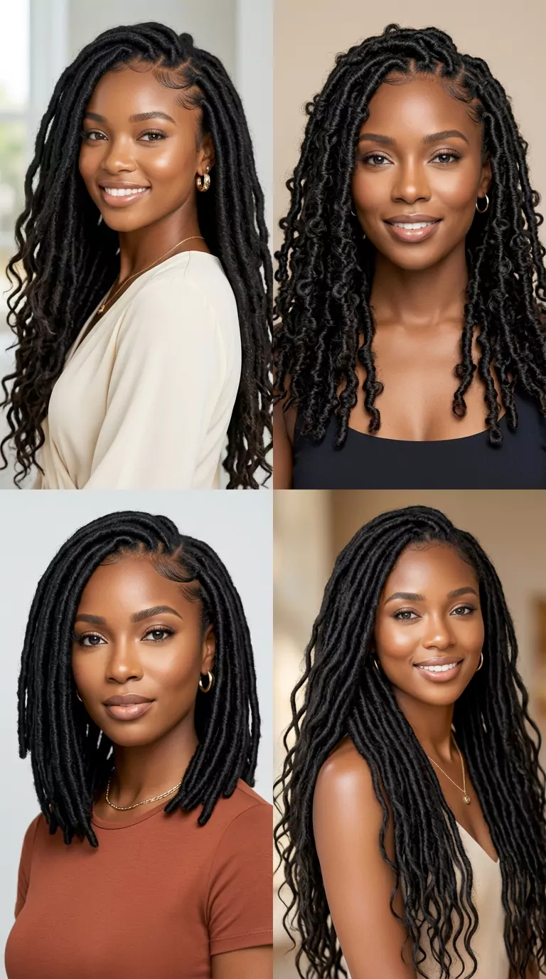Faux locs and soft locs for Black women with long soft locs, butterfly locs, and shoulder-length loc-inspired protective styles