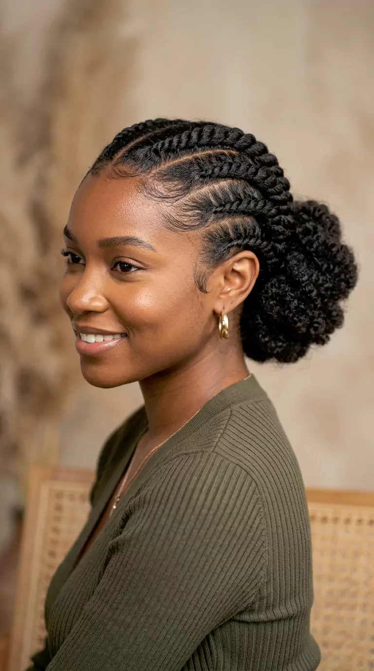 Flat twist protective hairstyles for Black women with side flat twists, a low bun, and a soft crown twist updo