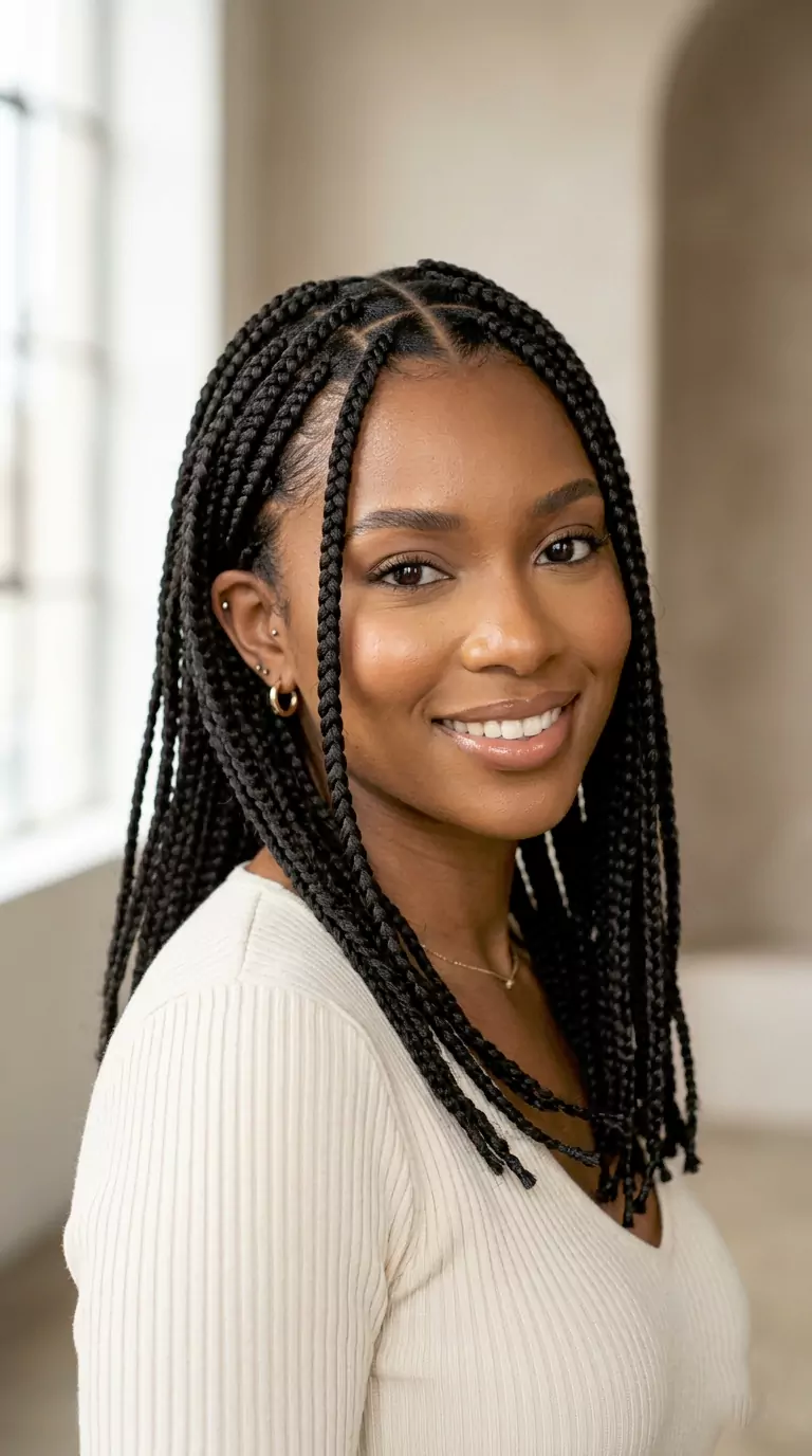 Knotless braids for Black women with medium length braids, soft face framing, and a clean natural-looking root finish