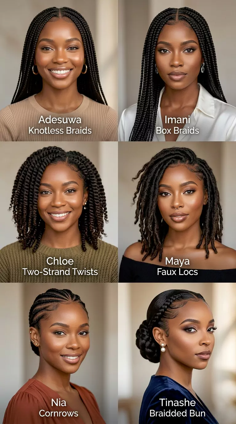 Protective hairstyles for Black women collage with knotless braids, box braids, twists, faux locs, cornrows, and a braided bun