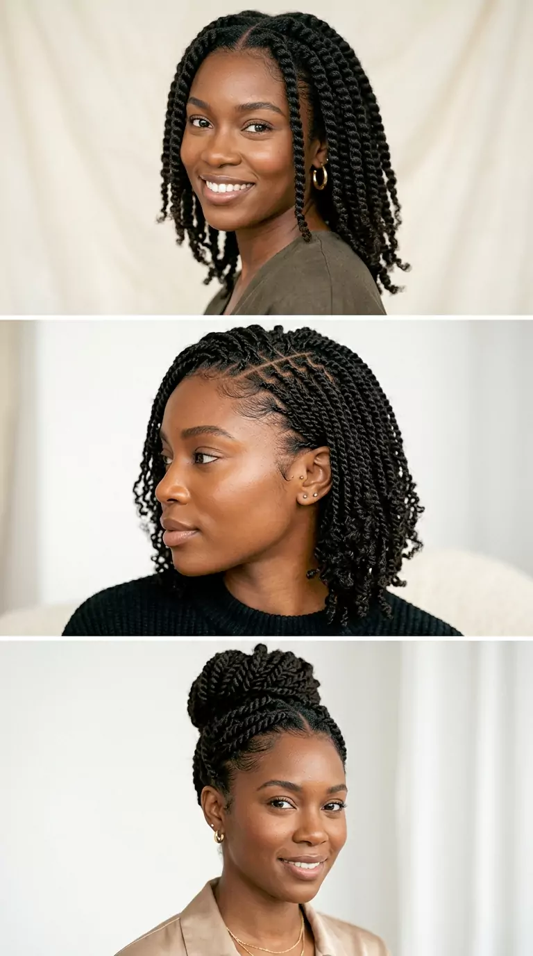 Two-strand twists for Black women with soft natural texture, medium twists, mini twists, and a pinned twist updo