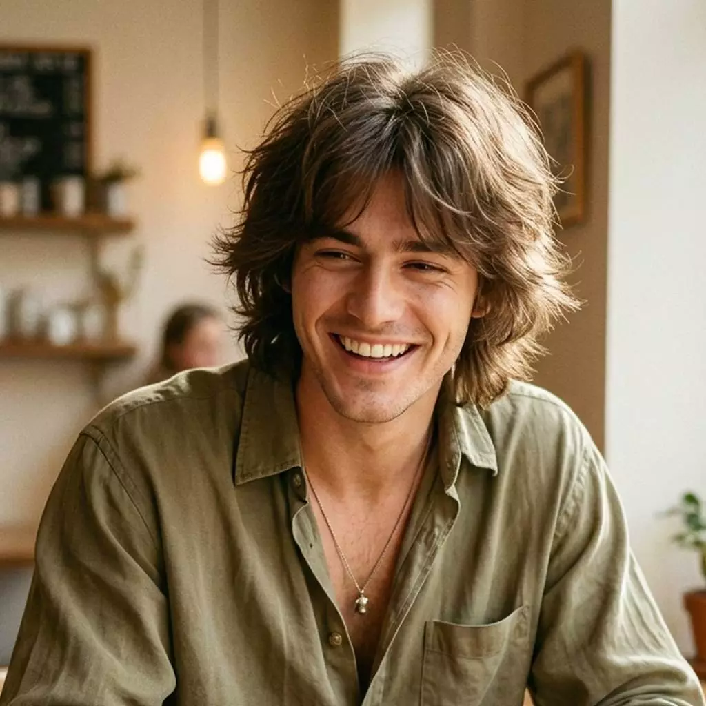 70s shag haircut for men with retro layers, curtain fringe, and loose volume