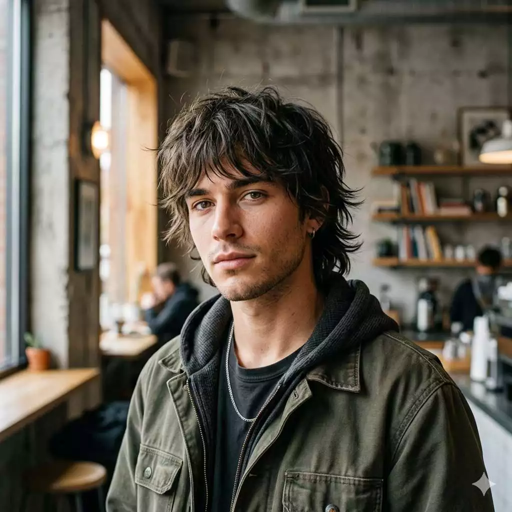 Choppy shag haircut for men with visible piecey layers and textured fringe
