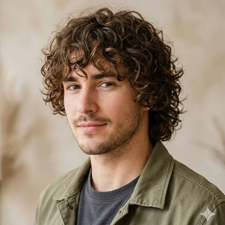 Curly shag haircut for men with layered curls, soft natural fringe, and rounded volume