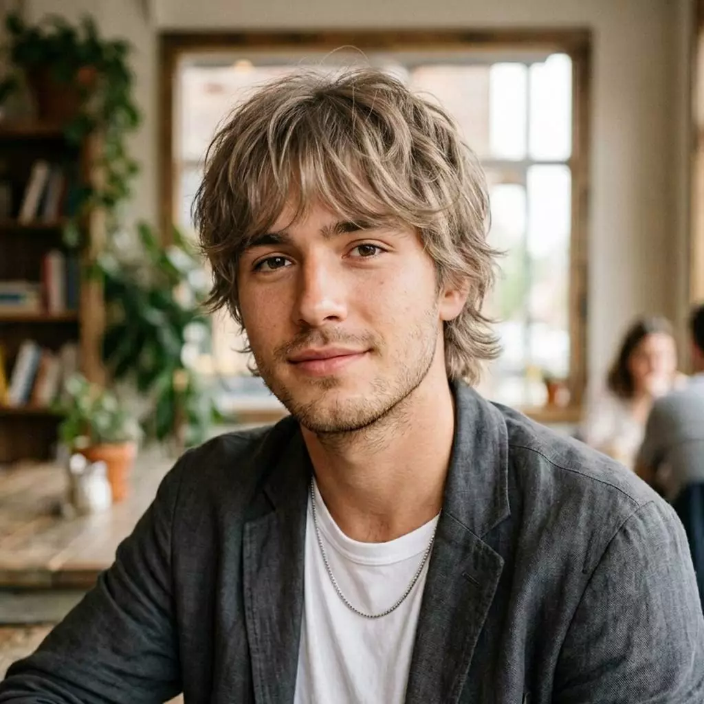 Fine hair shag haircut for men with light layers, soft volume, and airy texture