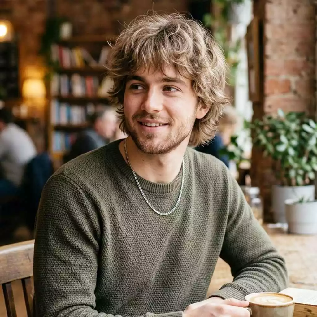 Fluffy shag haircut for men with soft airy volume, light layers, and natural movement