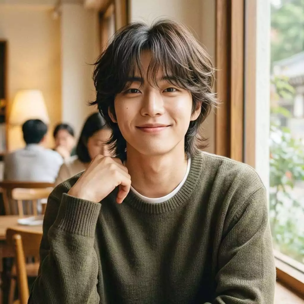 Korean soft shag haircut for men with airy fringe, natural volume, and clean layered sides