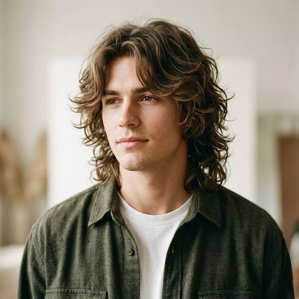 Long shag haircut for men with loose layers, longer back, and natural messy movement