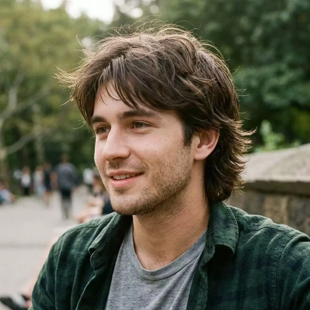 Medium shag haircut for men with layered sides, textured top, and relaxed fringe