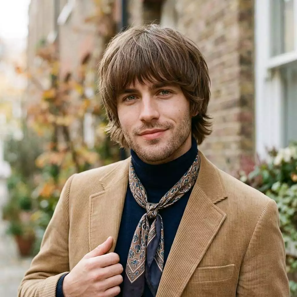 Mod cut shag for men with medium fringe, soft rounded shape, and retro layered texture