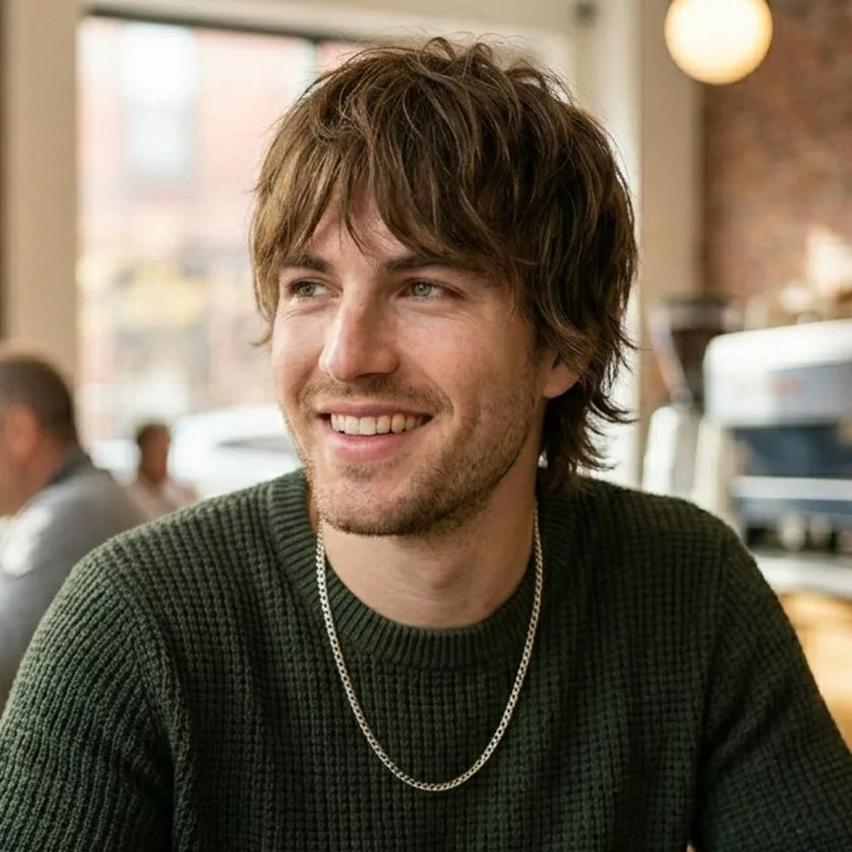 Modern layered shag haircut for men with soft texture, natural movement, and medium length