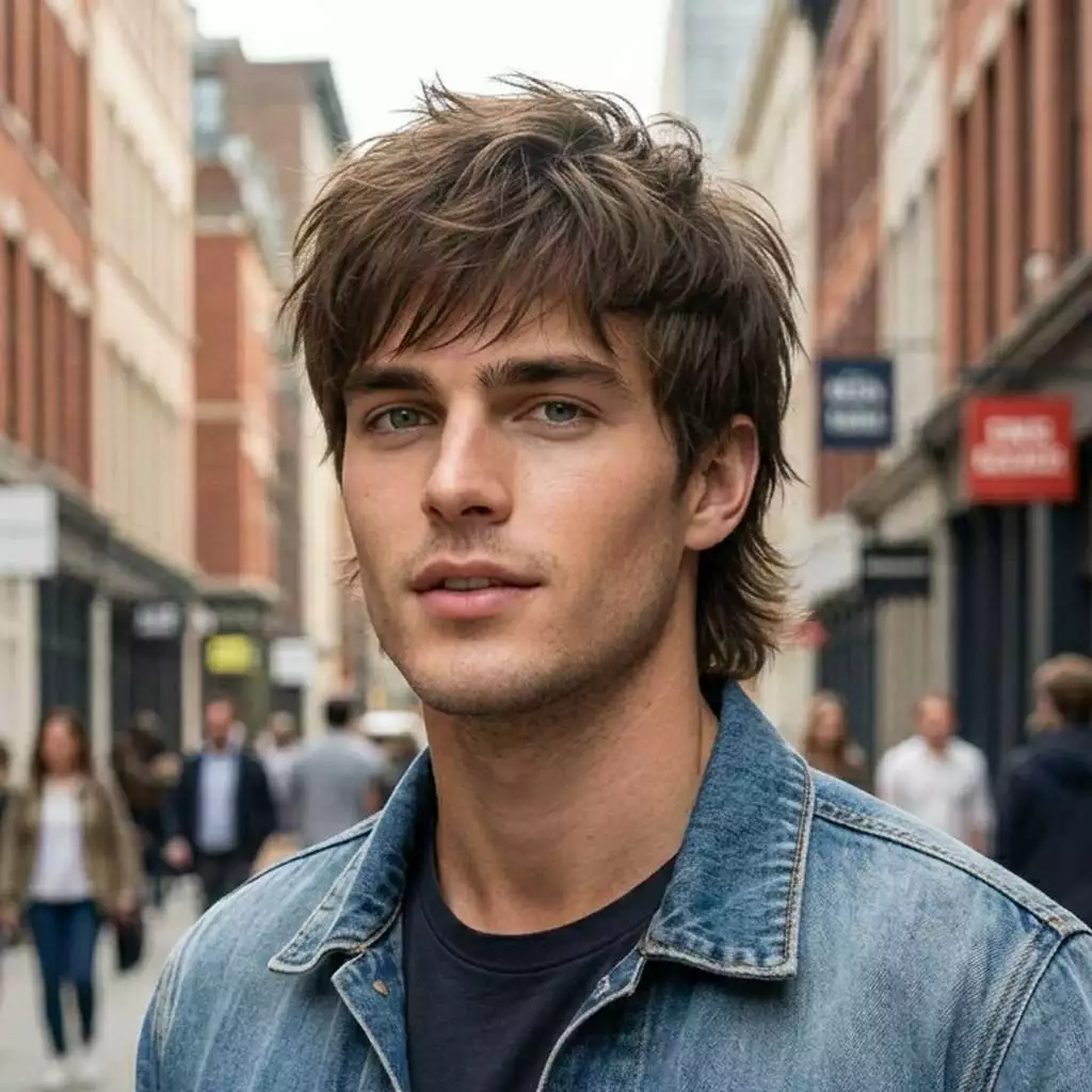 Modern mullet shag haircut for men with textured top, soft sides, and longer back