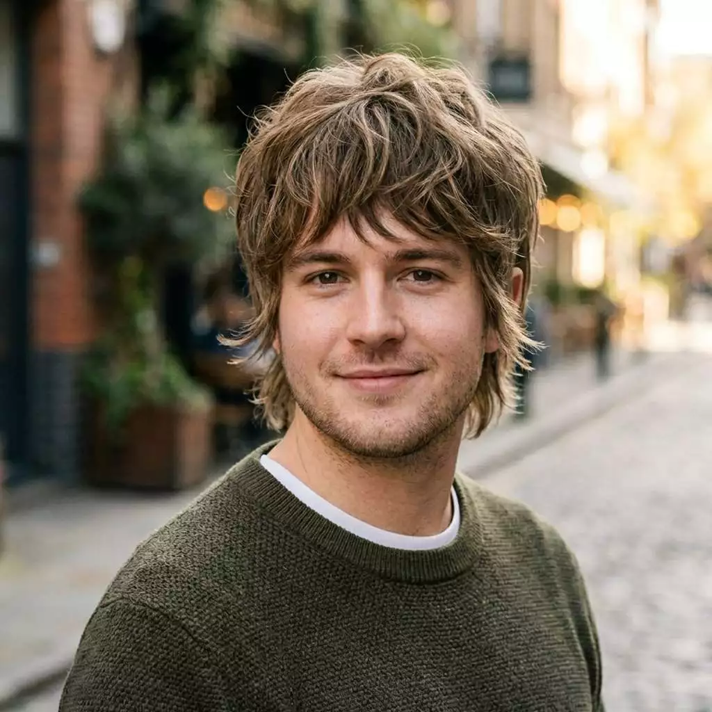 Shag haircut for round face men with height at the top, layered sides, and a longer face-framing shape