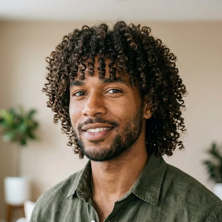 Shag haircut for Black men with natural curls, layered shape, and clean neckline