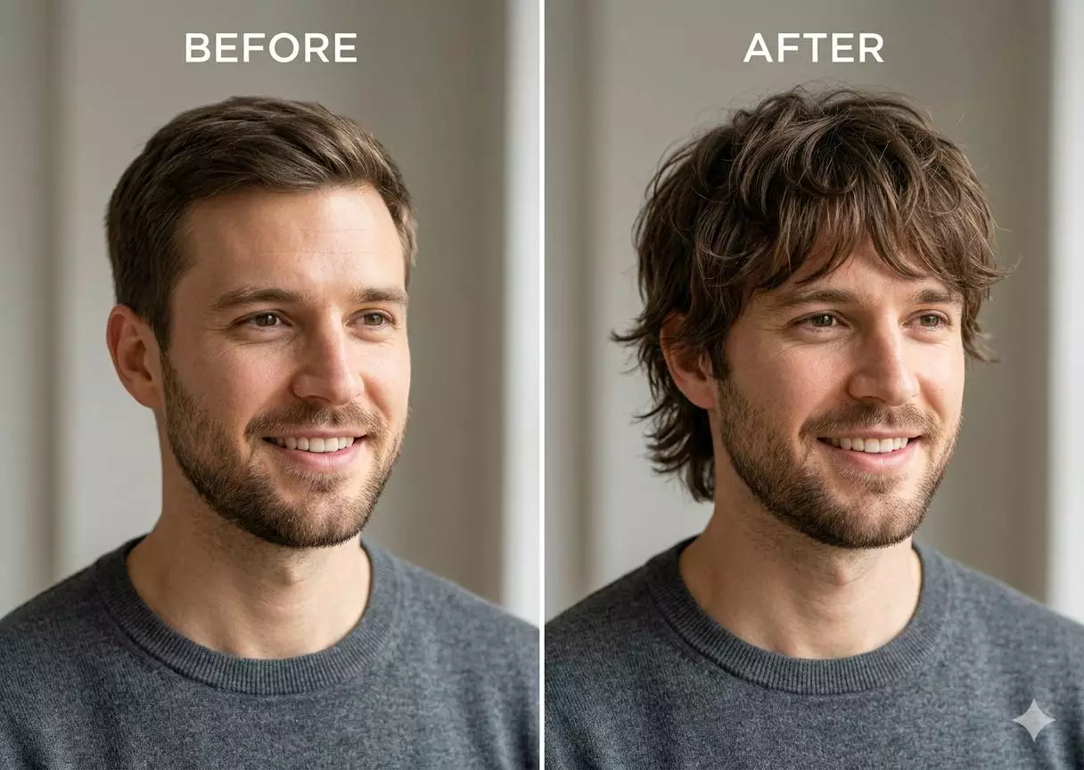Before and after modern shag haircut preview for men with layered texture and soft fringe