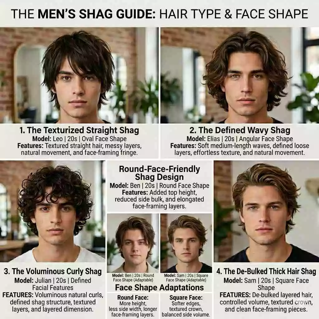 Men choosing shag haircuts by hair type and face shape with examples for straight, wavy, curly, thick, and round face styles
