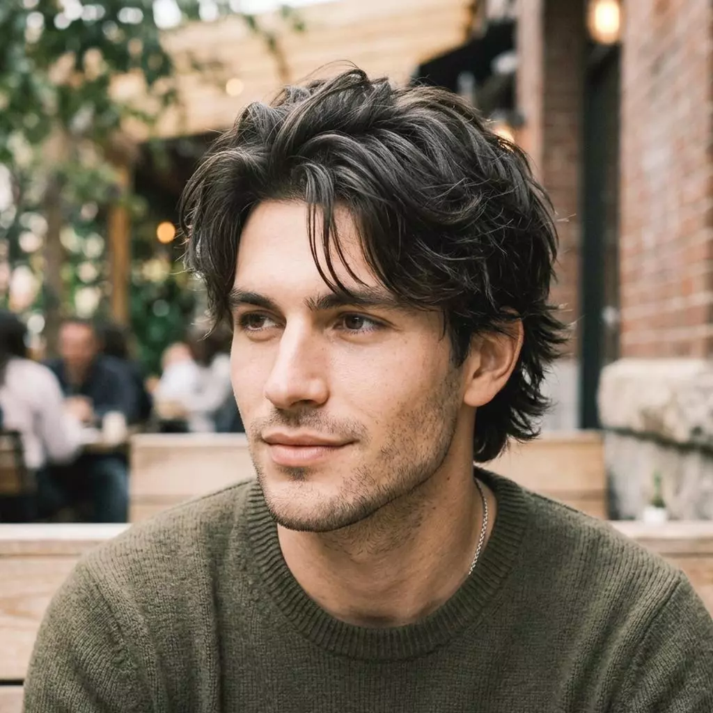 Modern shag haircut for men with medium layered texture, soft fringe, and natural movement