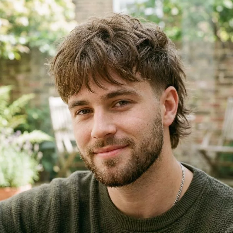 Shag haircut with low taper fade for men, textured top, soft fringe, and clean neckline