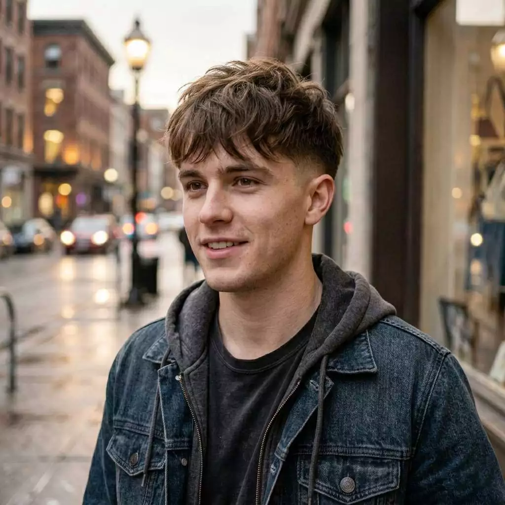 Shag haircut with mid taper for men, layered top, cleaner sides, and natural texture