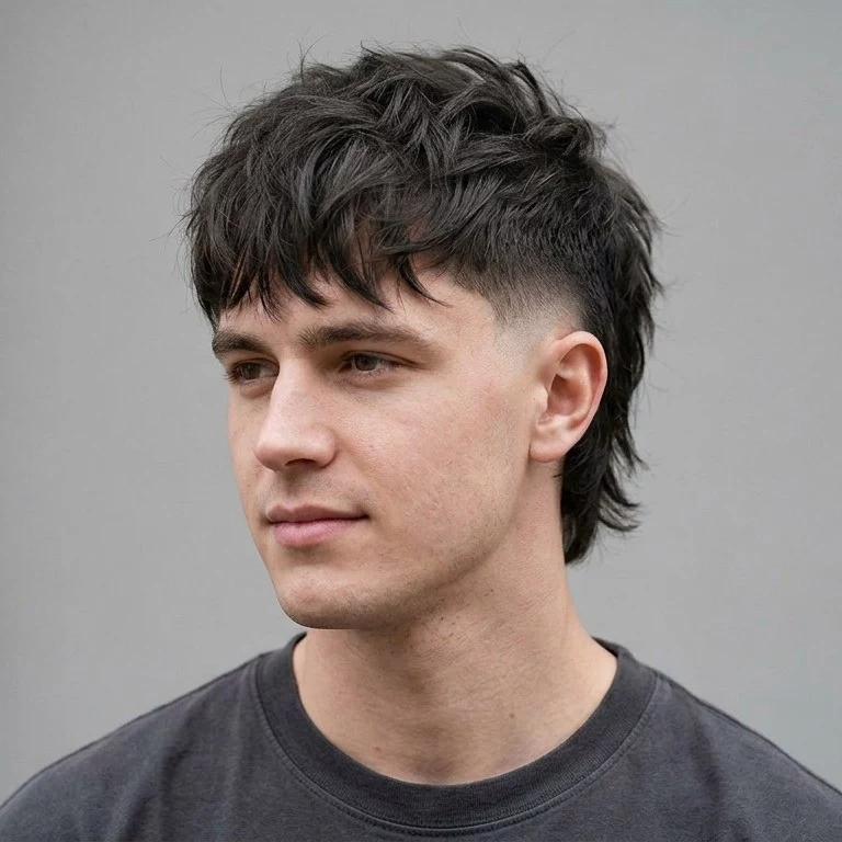 Shag haircut with skin fade for men, high contrast sides, and textured layered top